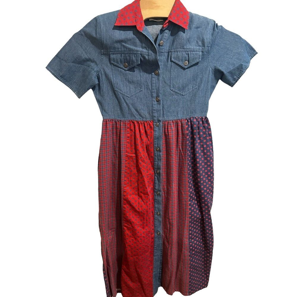 Vtg Susan Bristol Denim dress Dress Sz 4 Blue and red patchwork‎ bottom